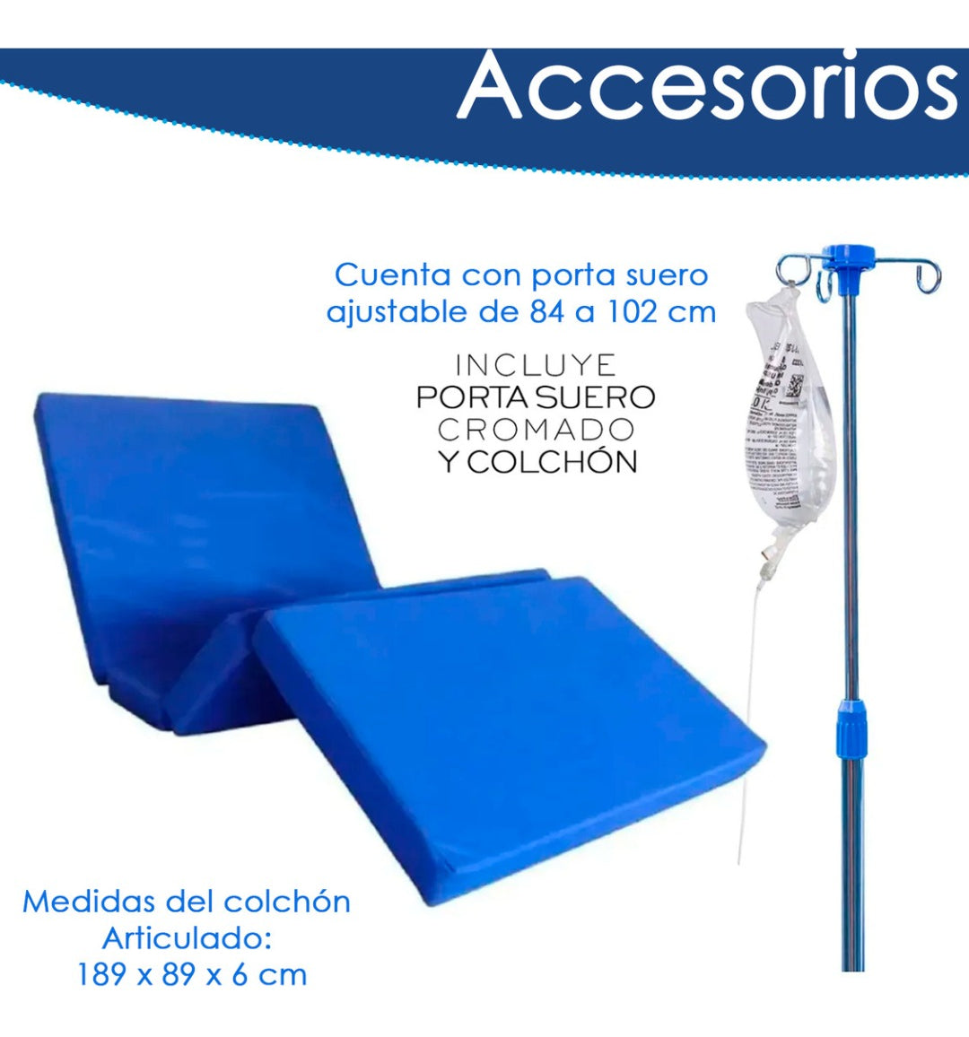 Cama Clínica Catre Manual Articulado 260kg Colchon Y Bandeja - Azul
