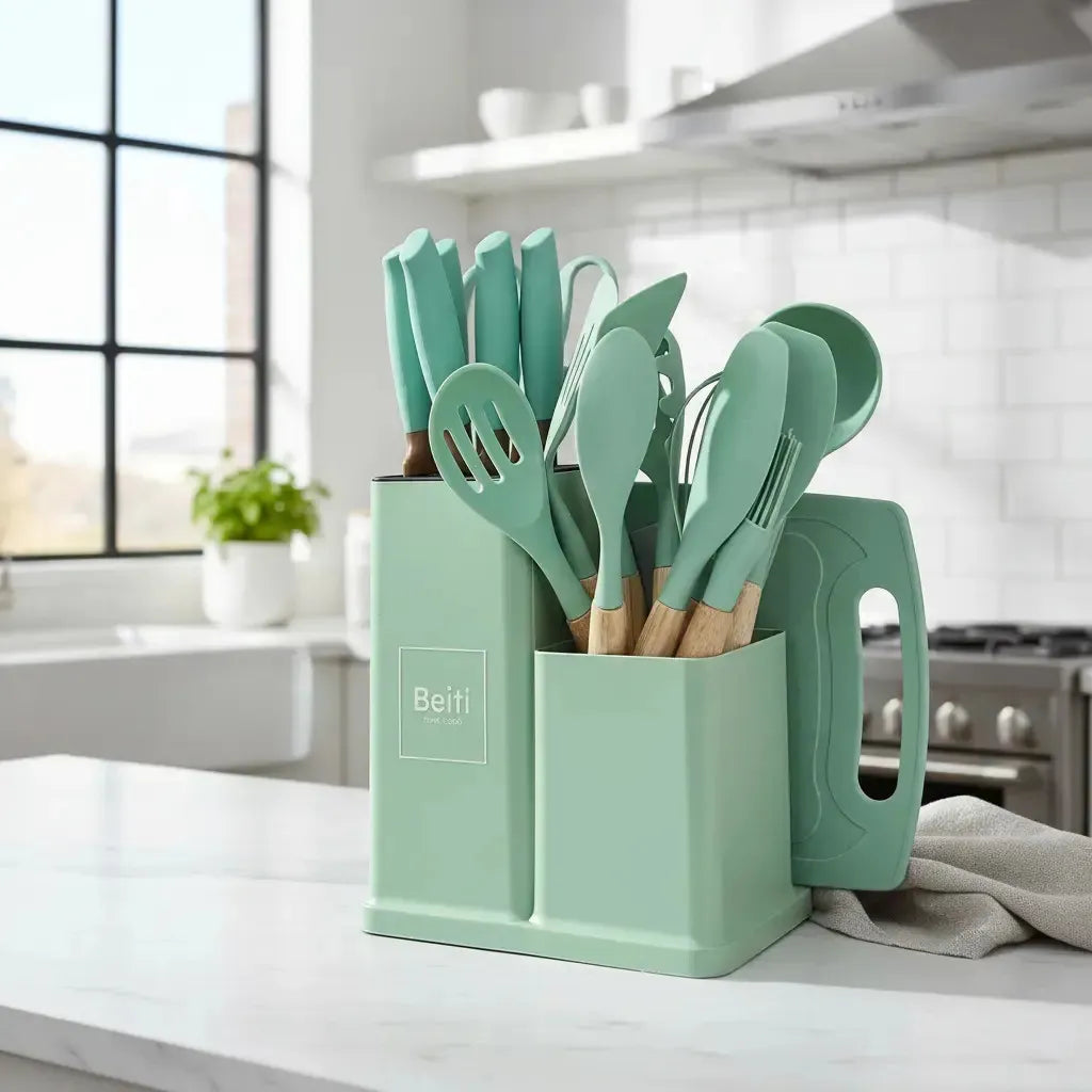 Set 19 Utensilios De Cocina Antiadherente Silicona Madera