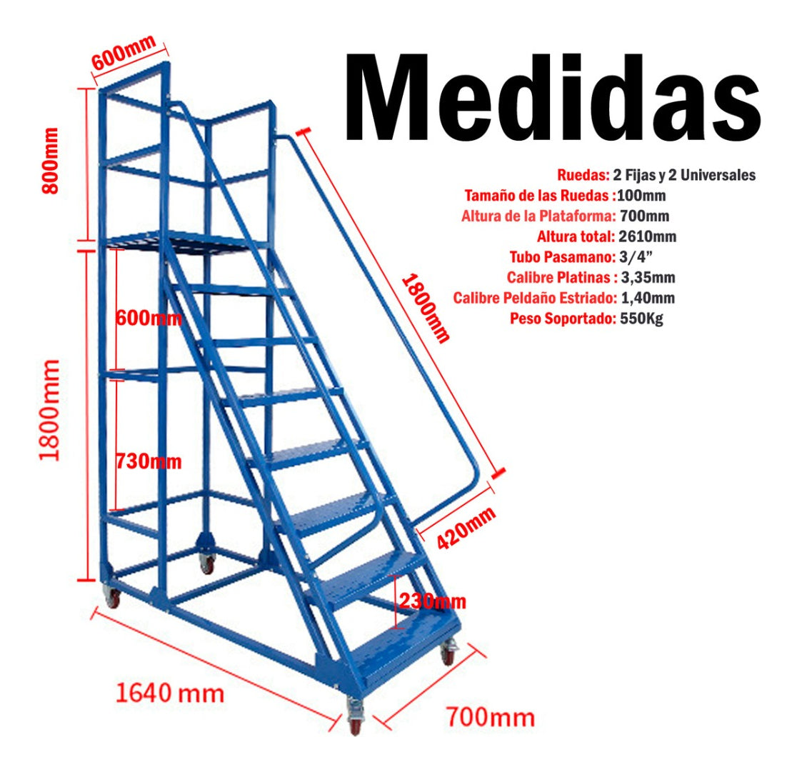 Escalera Industrial Tipo Avion De 7 Peldaños Con Plataforma De 1,85m 550kg