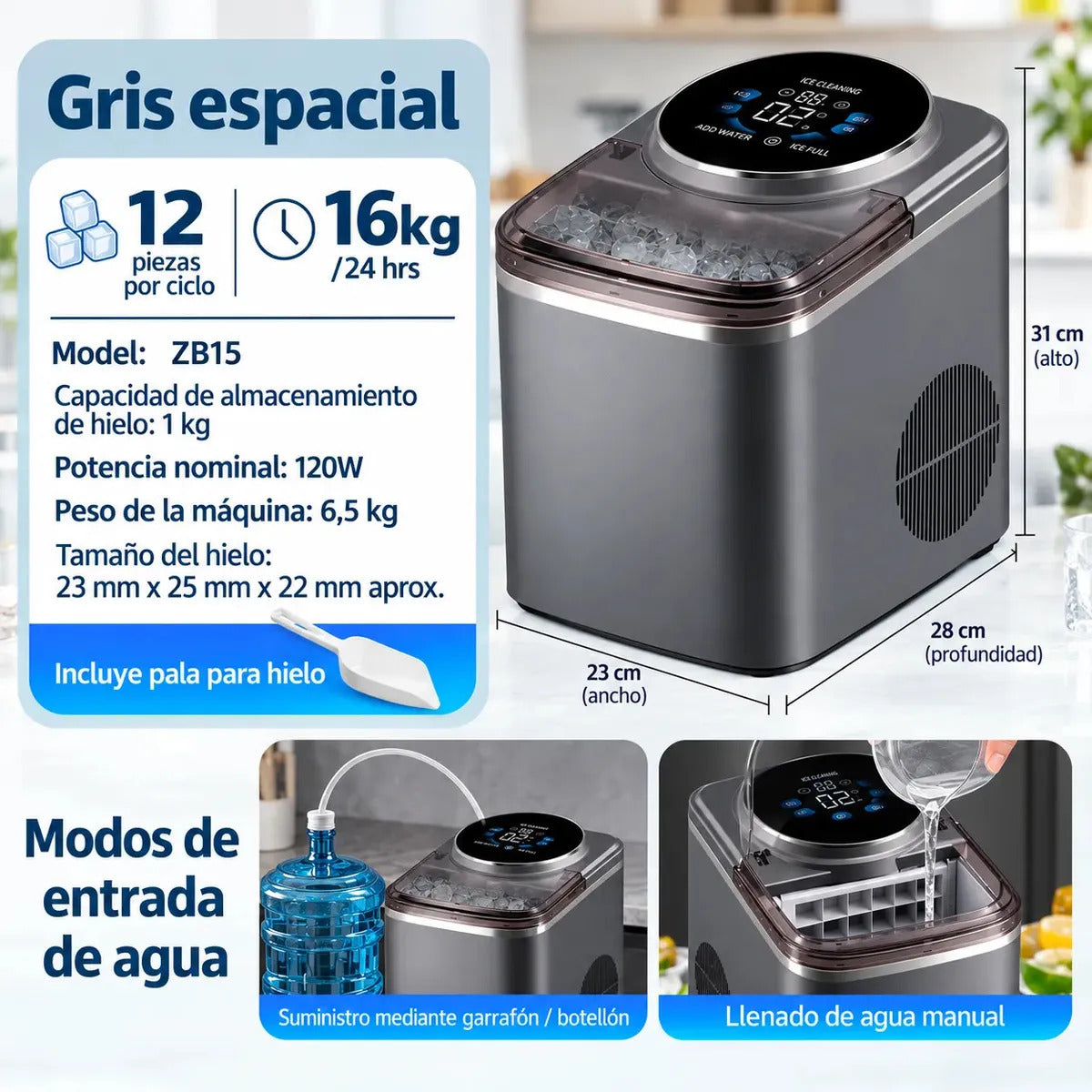 Maquina De Hielo Fabricador de cubo 16kg/24hr 120w Con Pantalla Tactil