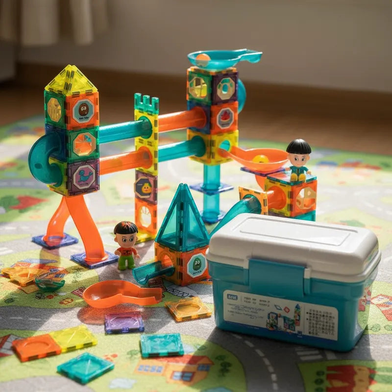 Bloques Magneticos 2 en 1 Tobogan De Bolas 3d Con Balde De 132pzs