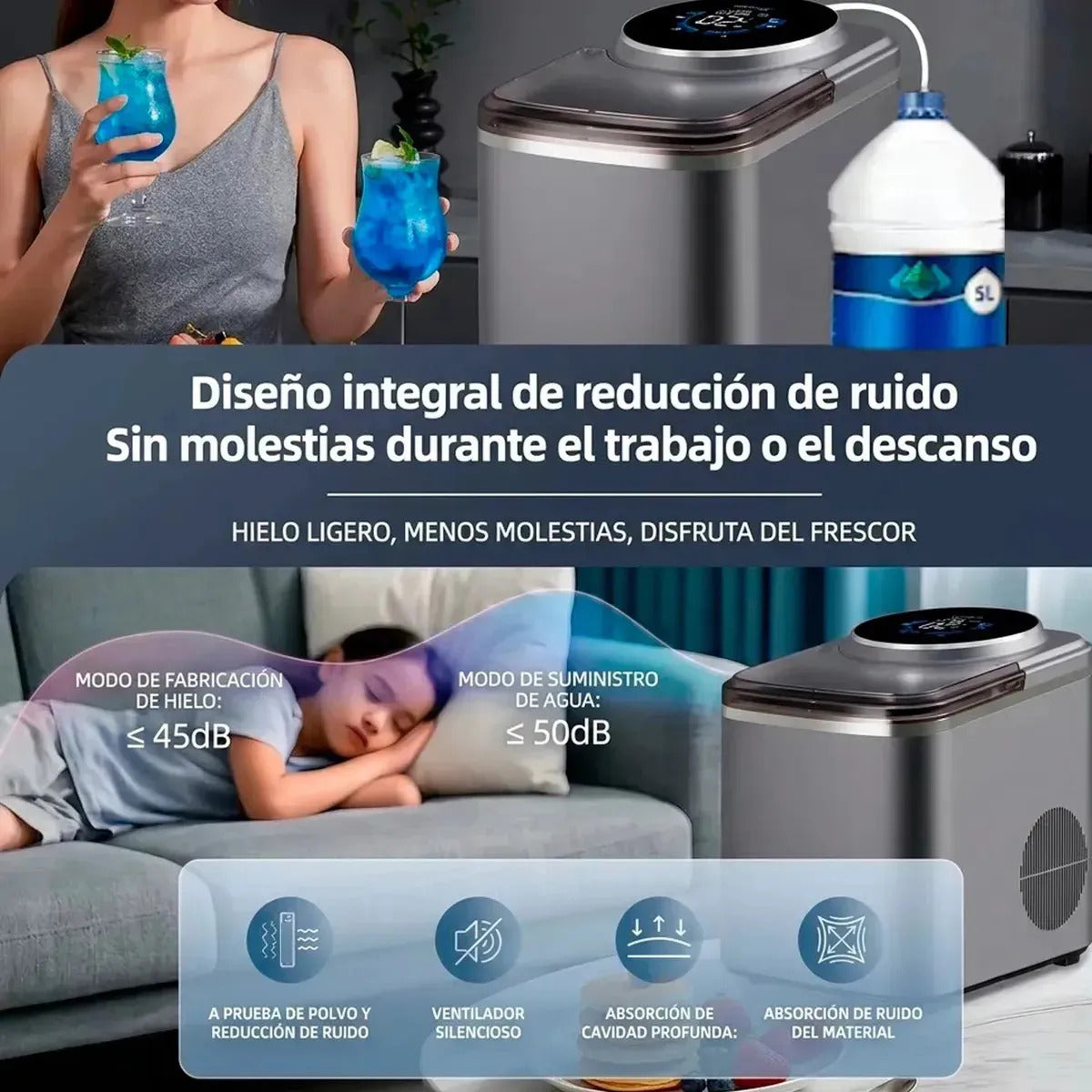 Maquina De Hielo Fabricador de cubo 16kg/24hr 120w Con Pantalla Tactil