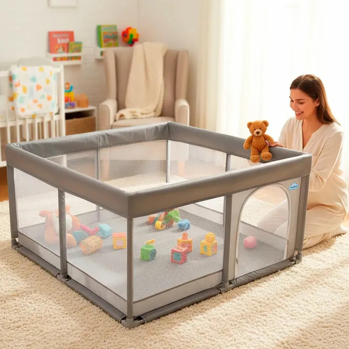 Corral Infantil Bebe Malla y Tela Oxford Con Pelota 120x120cm