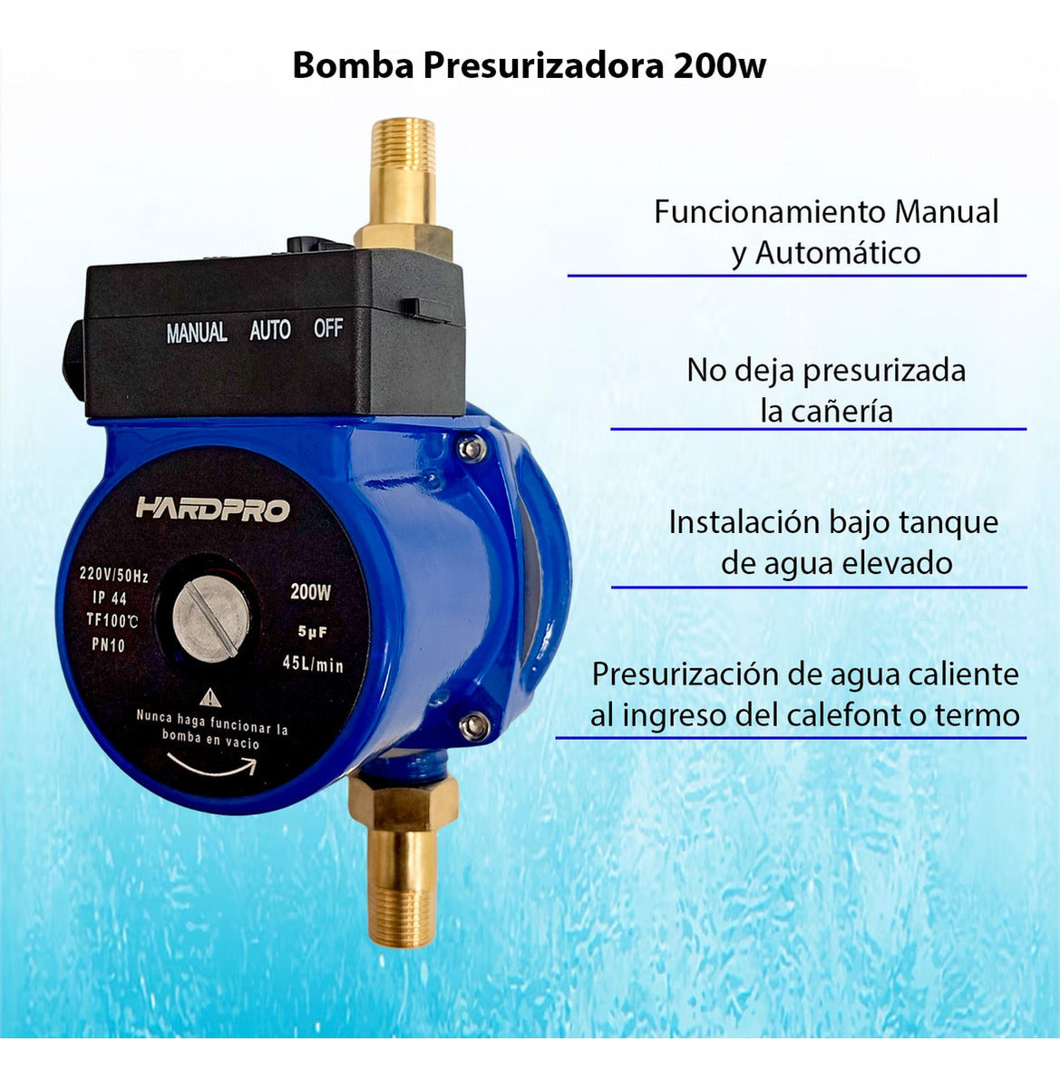 Bomba Presurizadora Agua Hardpro Calefont 45 L/min 200w