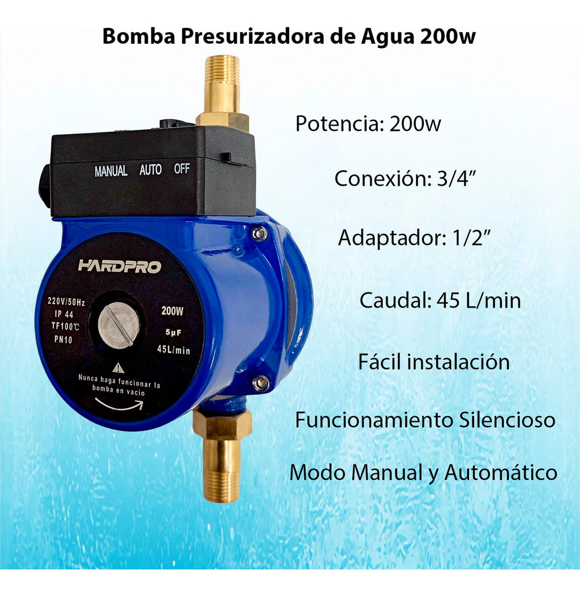 Bomba Presurizadora Agua Hardpro Calefont 45 L/min 200w