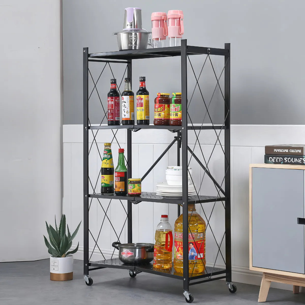 Carro Organizador Estante Plegable 4 Niveles Ruedas Cocina Negro