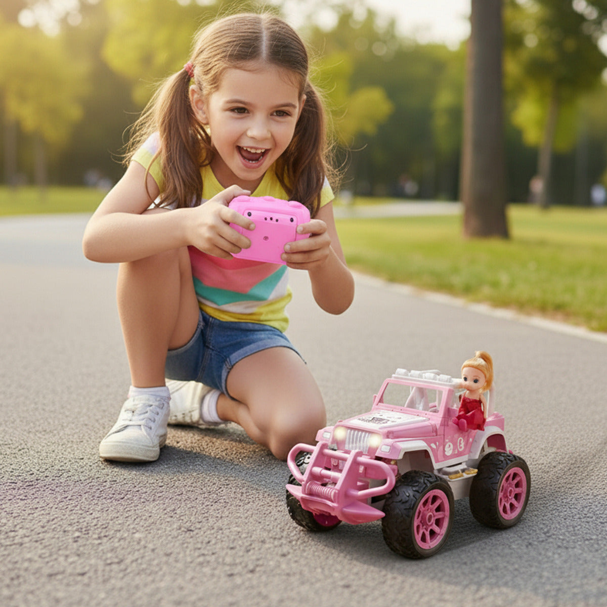 Auto Con Muñeca Jeep Control Remoto Princesas Niñas Luces Rosa