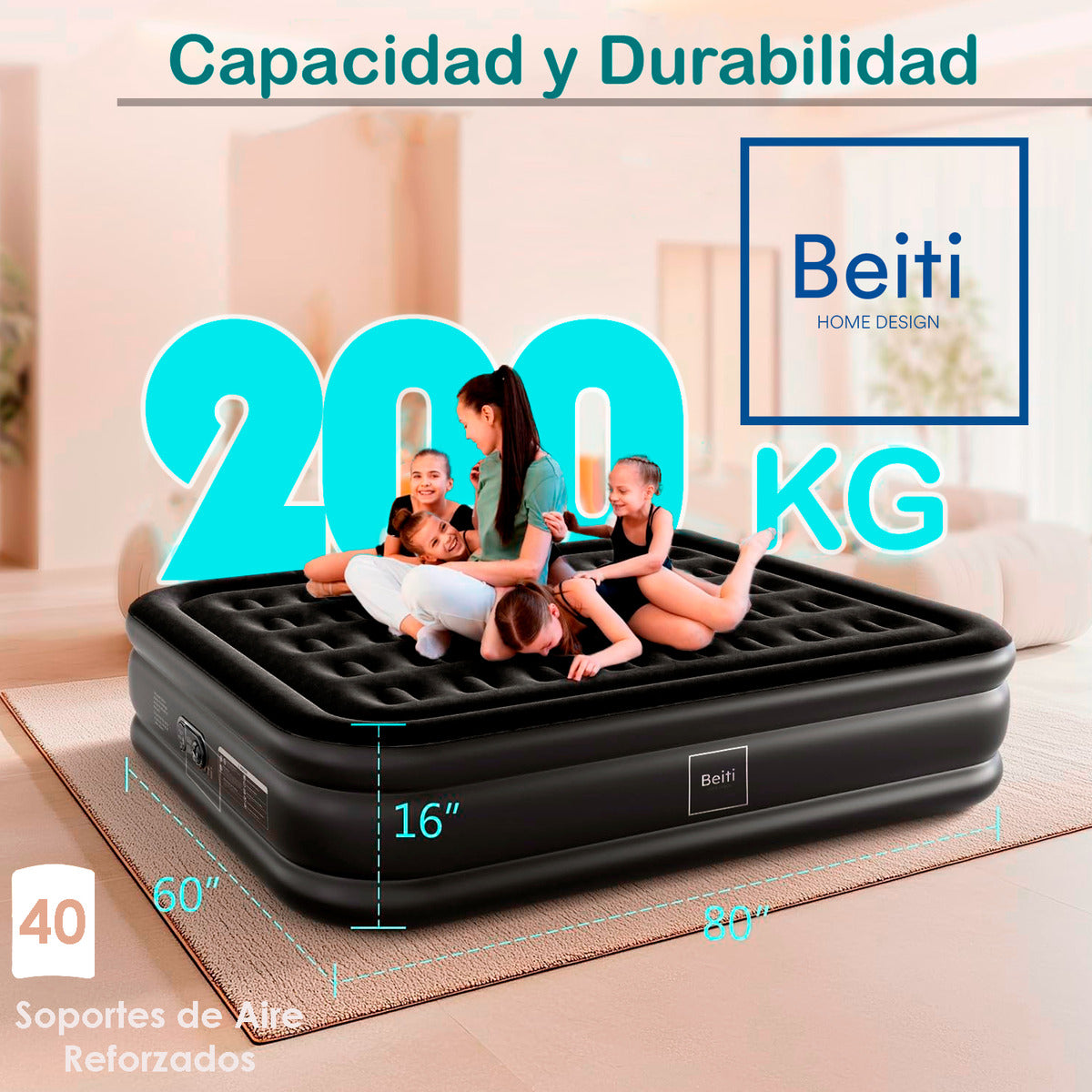 Colchon Cama Inflable 2 Plazas Electrico 203x152x45 Cm