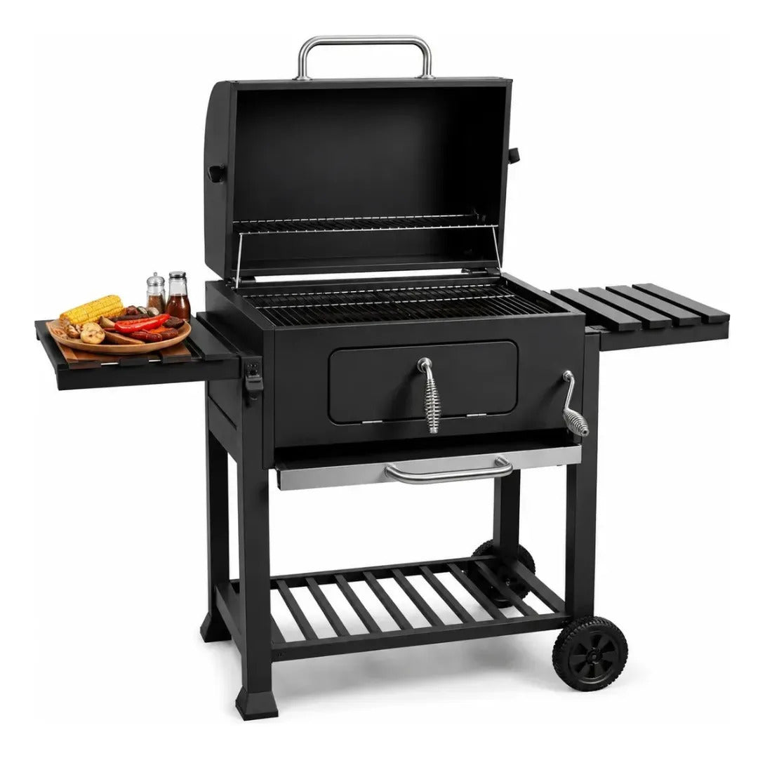 Parrilla A Carbon De Acero Inoxidable Con Tapa y 2 Ruedas Con Doble Repisa