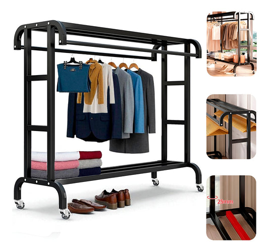 Perchero Organizador De Ropa Doble Con Ruedas 120cm Pro Negro