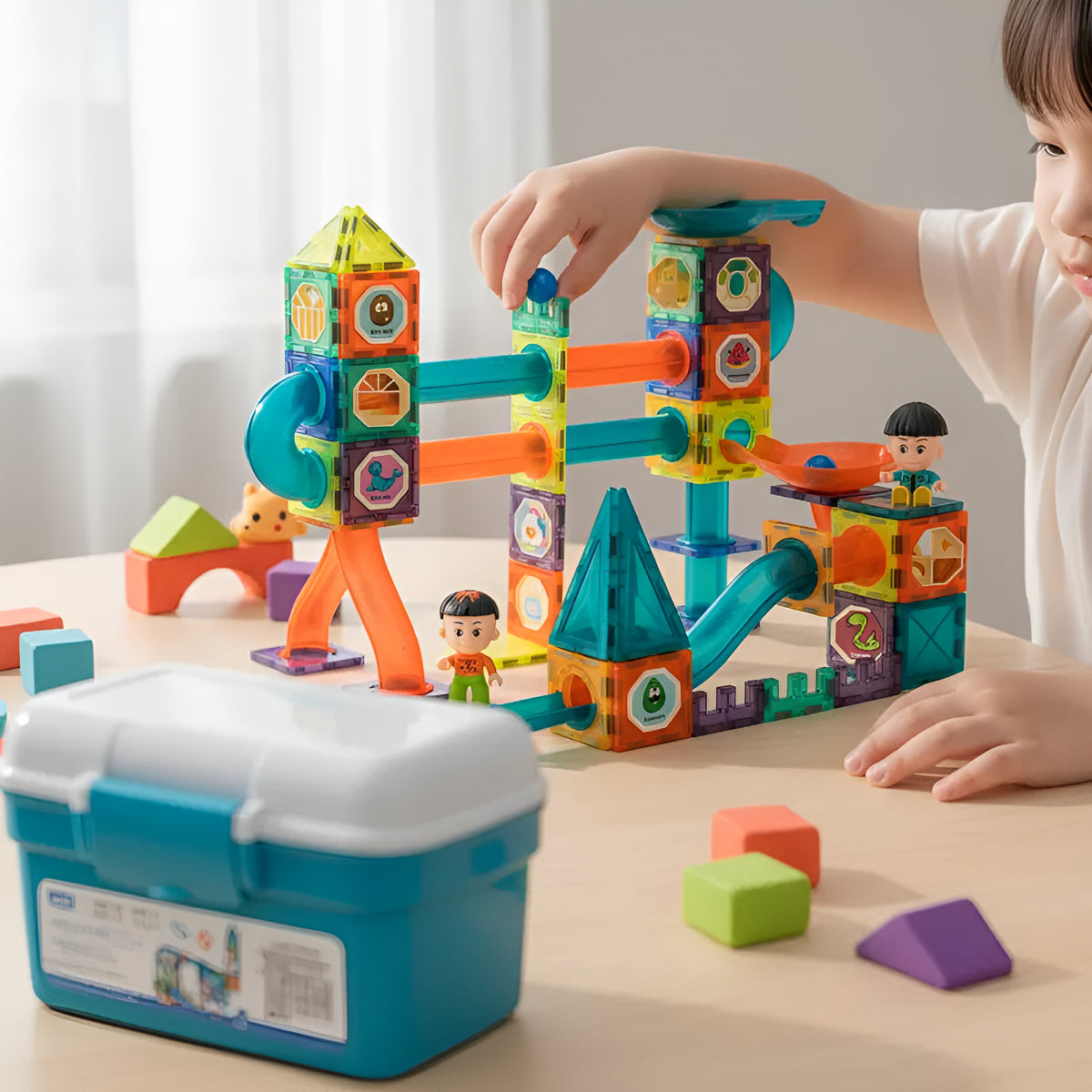 Bloques Magneticos 2 en 1 Tobogan De Bolas 3d Con Balde De 132pzs