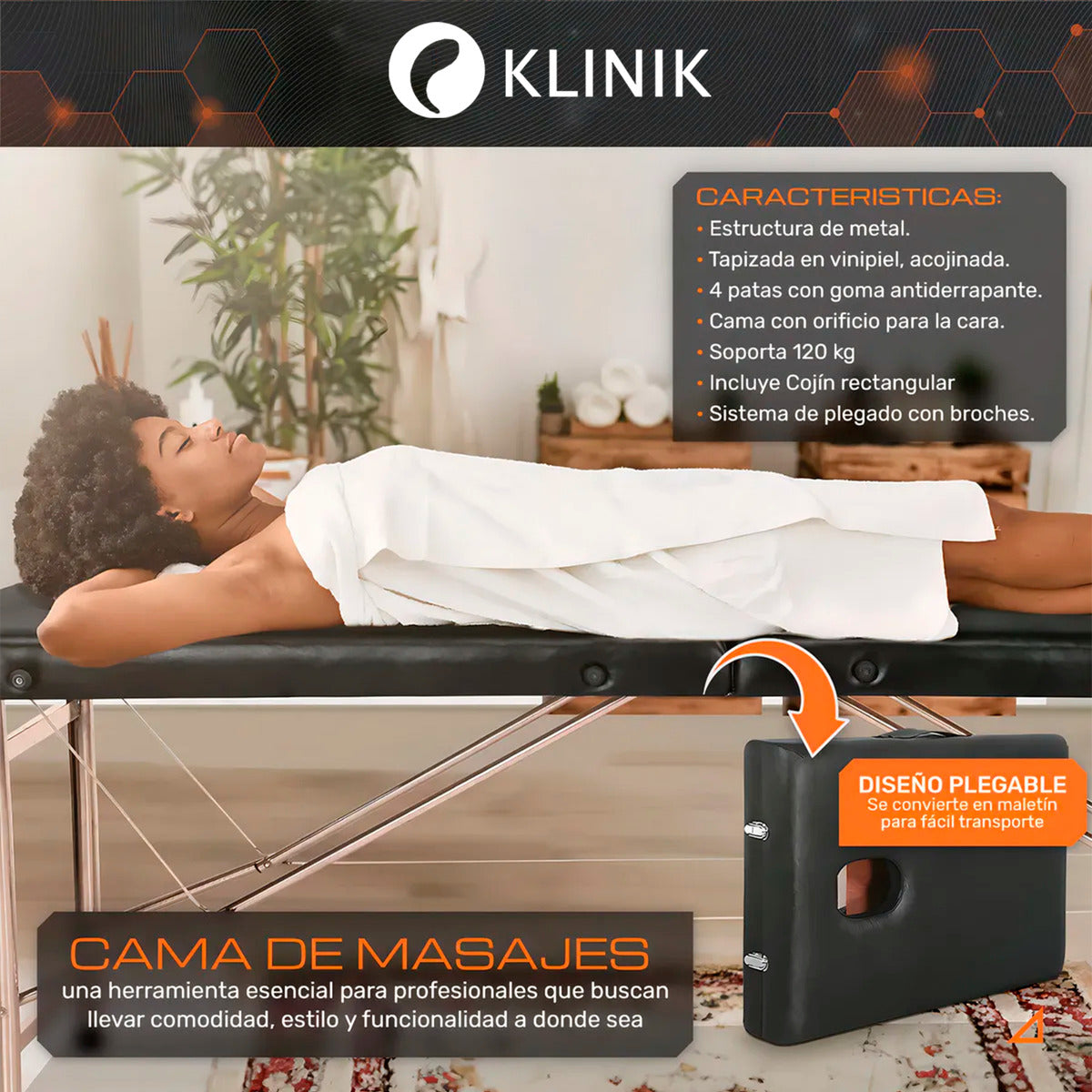 Camilla Cama Masajes Klinik 200kg Aluminio Plegable Acolchada Negro