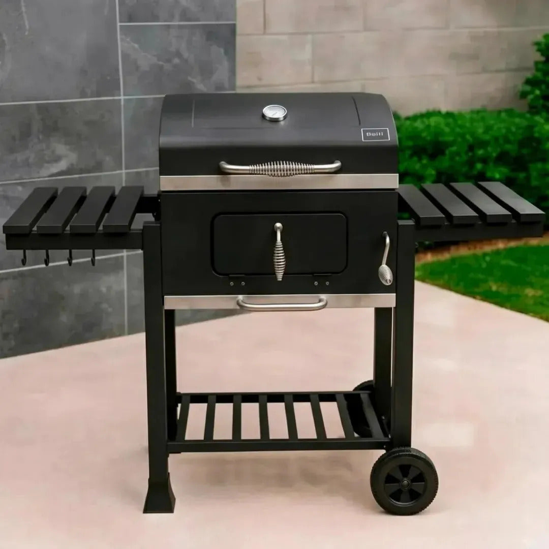 Parrilla A Carbon De Acero Inoxidable Con Tapa y 2 Ruedas Con Doble Repisa