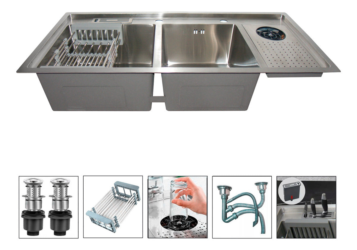 Lavaplatos Premium 100x48Cm Doble Con Lavavasos Y Escurridor