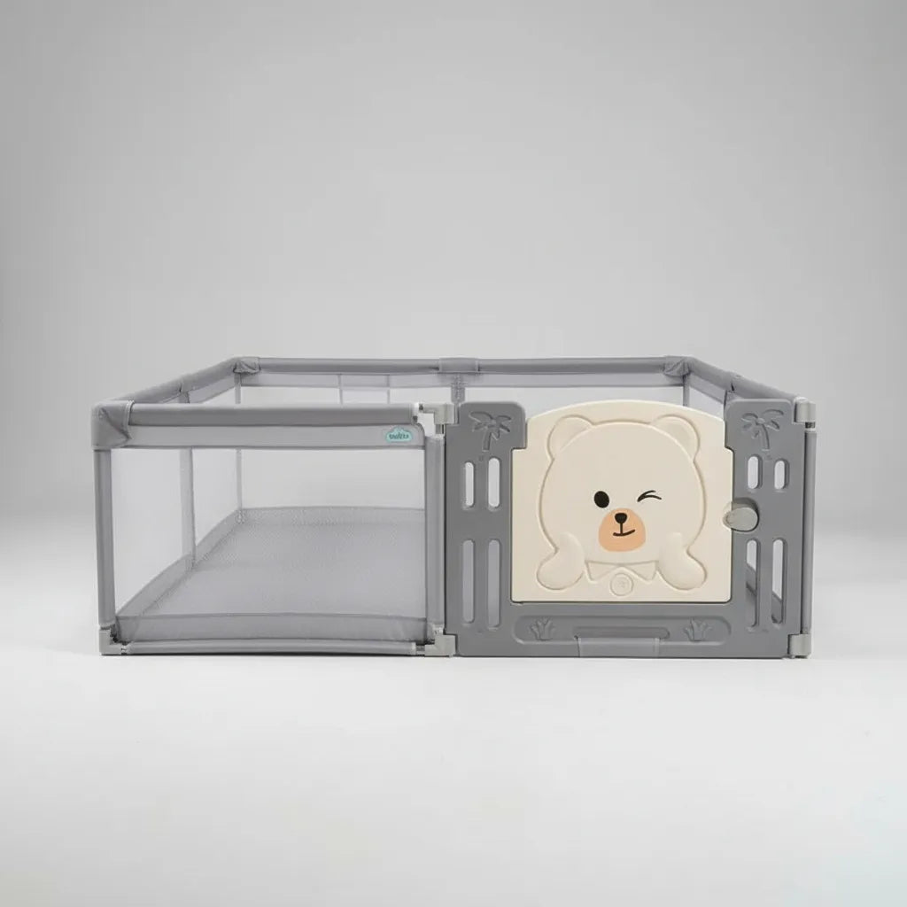 Corral Infantil Nubo Puerta De Oso Y Malla Oxford 120x180cm Gris Osos