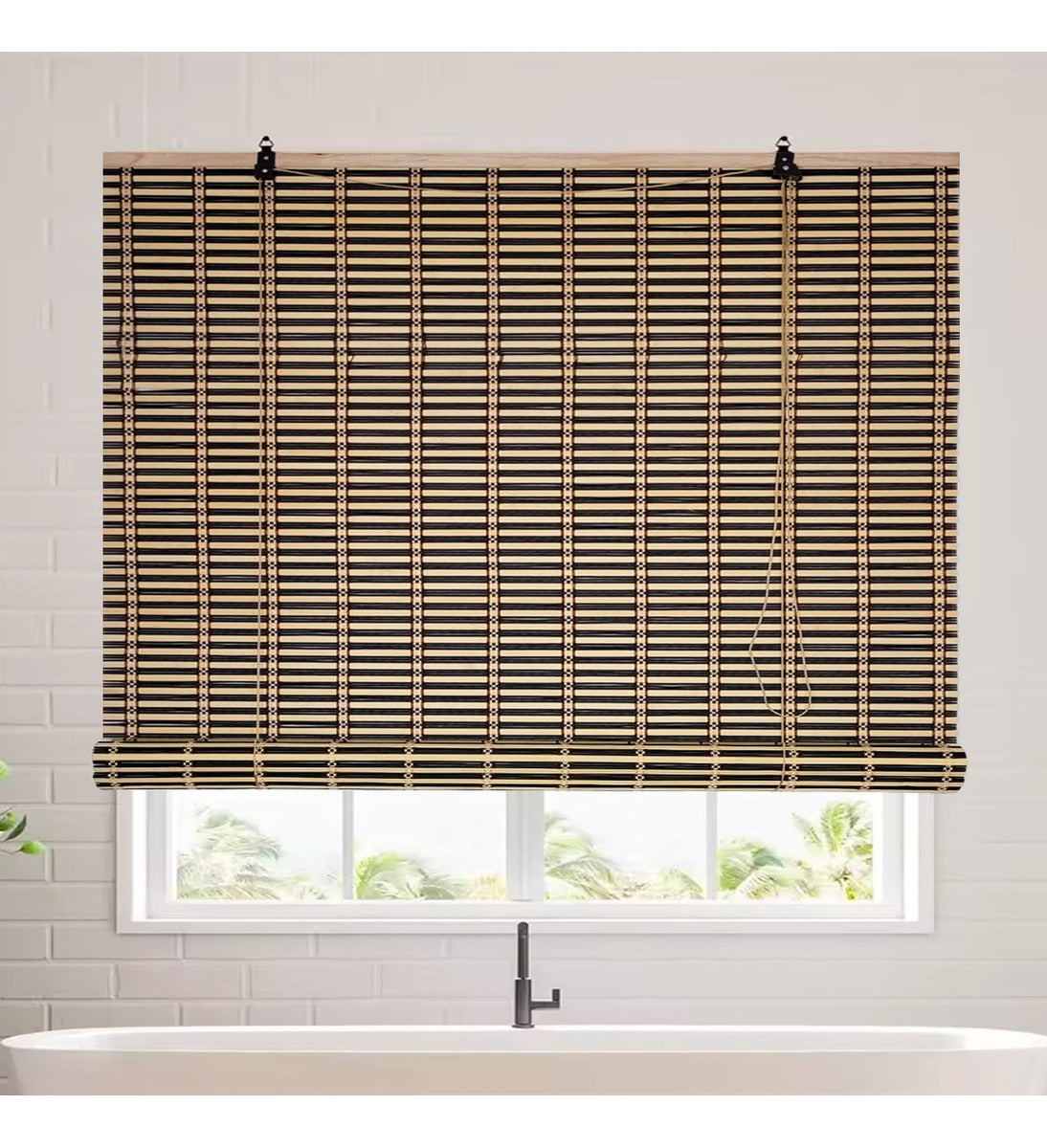 Cortina De Bambú Persiana Roller Bicolor 120x150cm Con Diseños