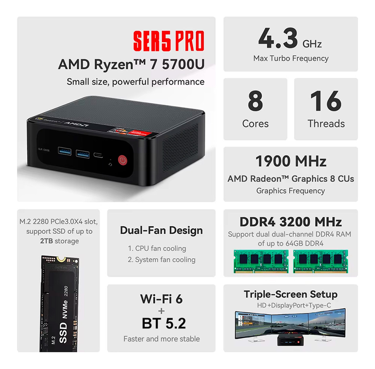 Mini Pc Beelink Ser5 Amd Ryzen 7 5700u 32 Gb Ram 1tb Ssd M.2