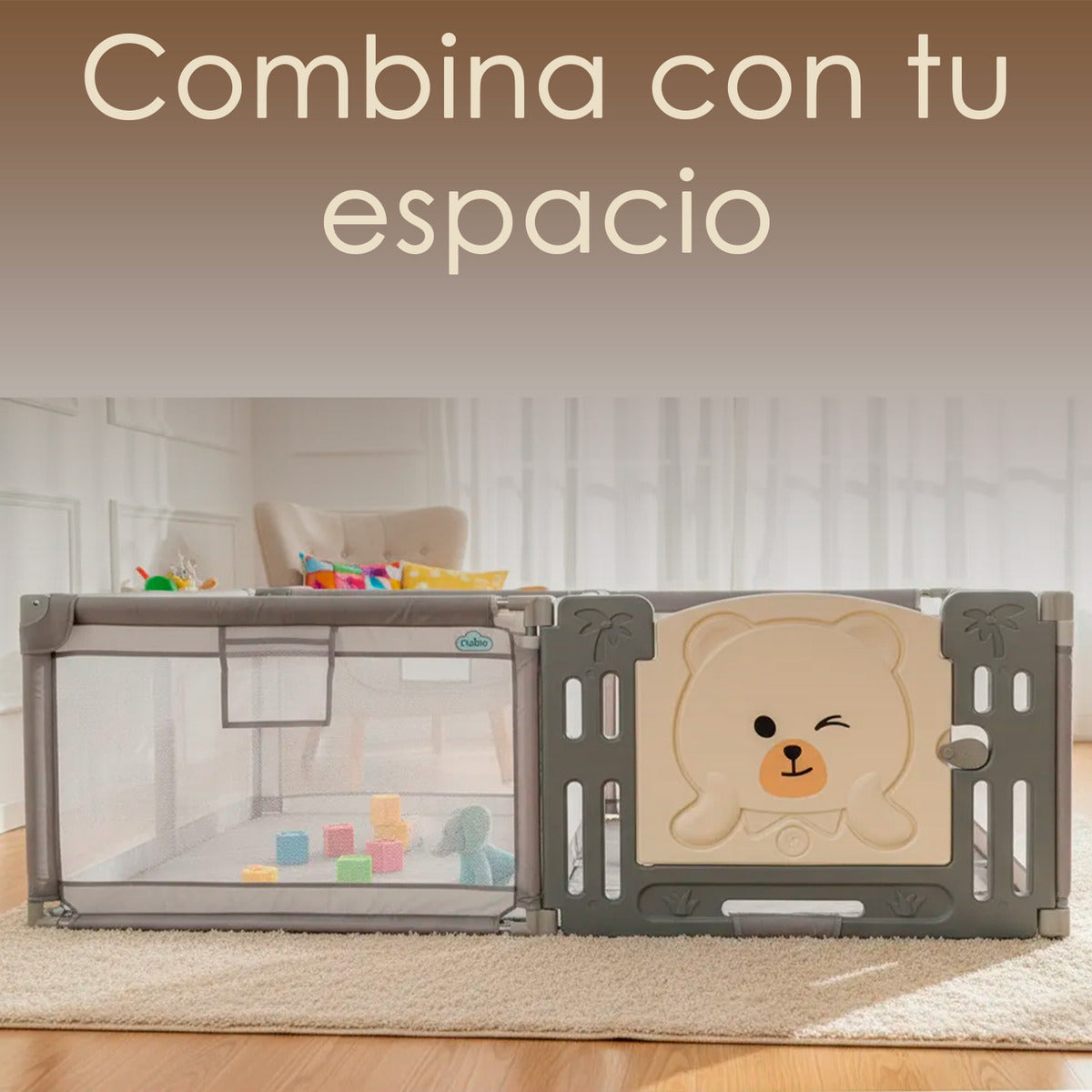 Corral Infantil Nubo Puerta De Oso Y Malla Oxford 120x180cm Gris Osos