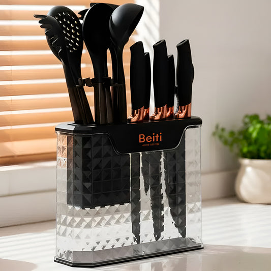 Set 16 Utensilios Cuchillos Cocina Acero Inox Silicona Beiti