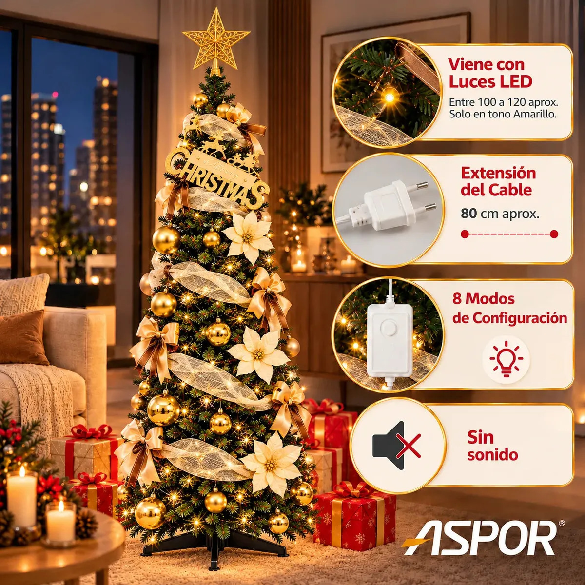 Arbol De Navidad Plegable 180cm Armado Facil Navideño Luces Dorado