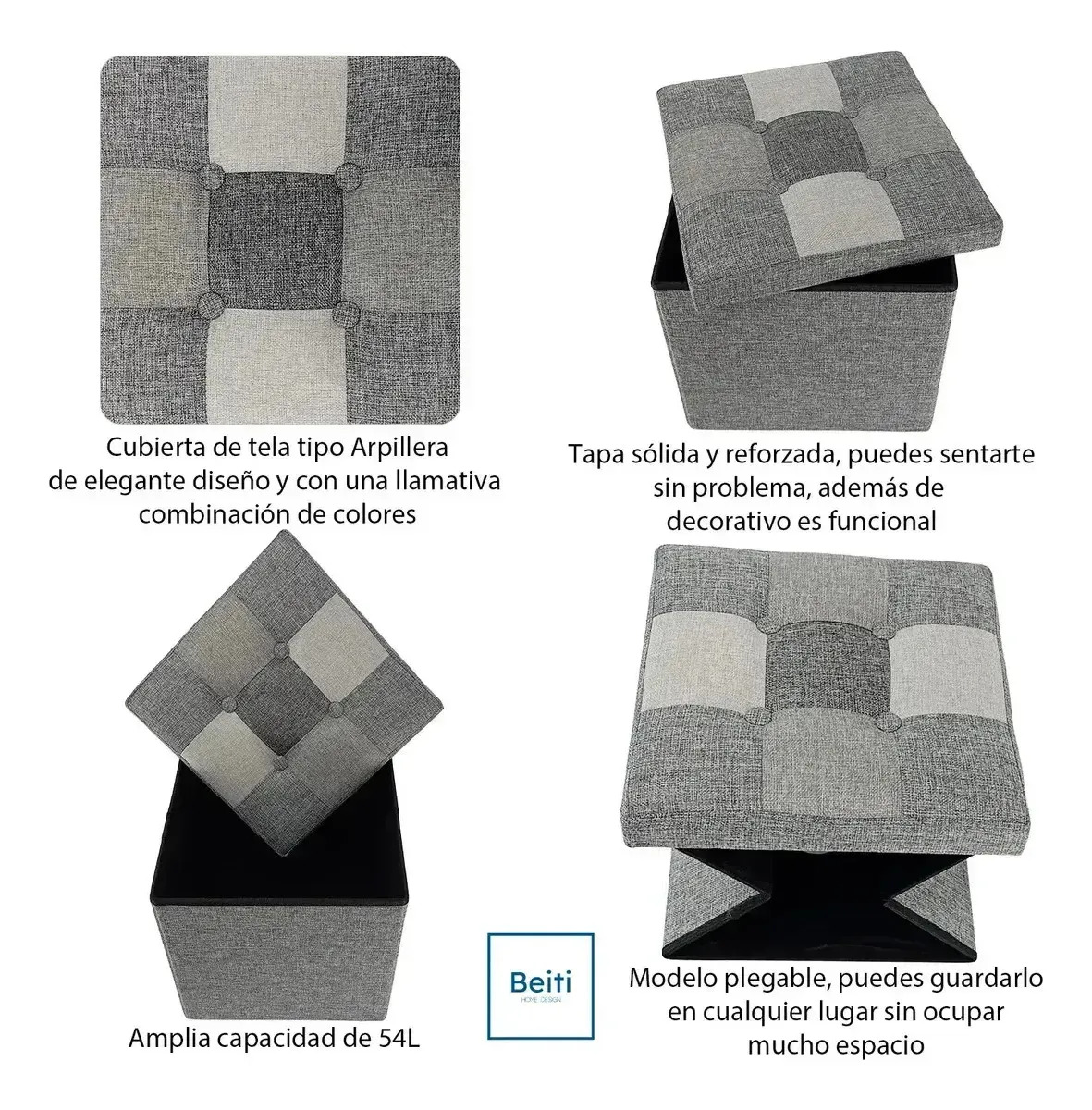 Puff Organizador Baul Plegable Cubo 38x38 Tela Mix Gris
