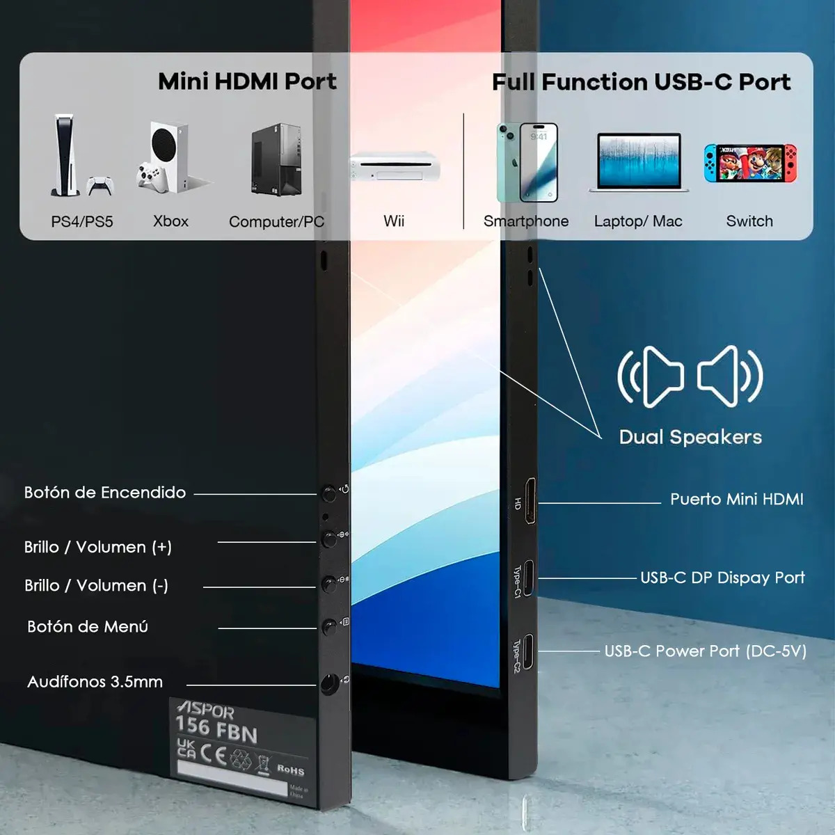 Monitor Portatil Con Pantalla De 15.6 Pulgadas 60Ghz Full Hd