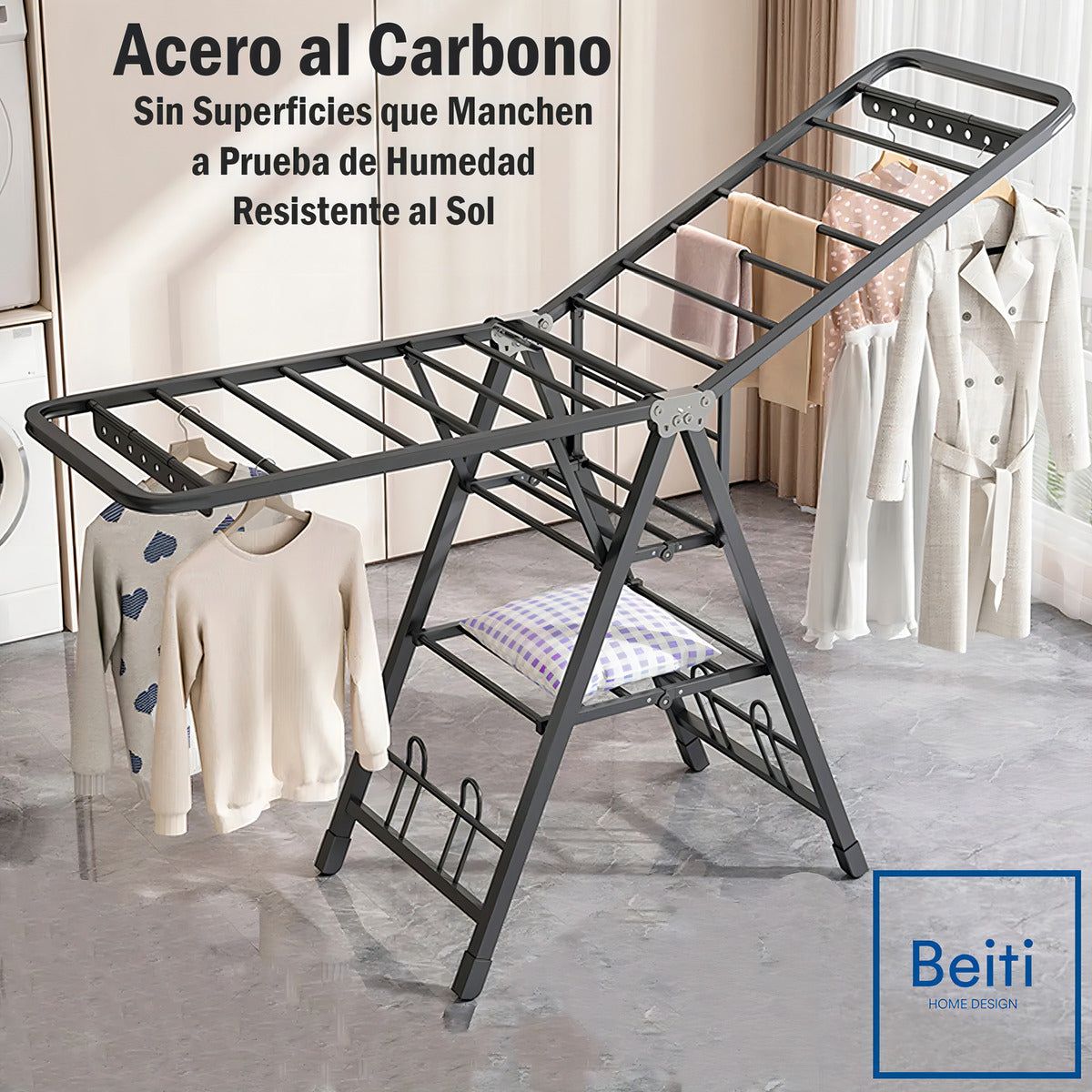 Tendedero Plegable Premium Beiti 170cm Soporta 50kg De Acero Inoxidable Negro