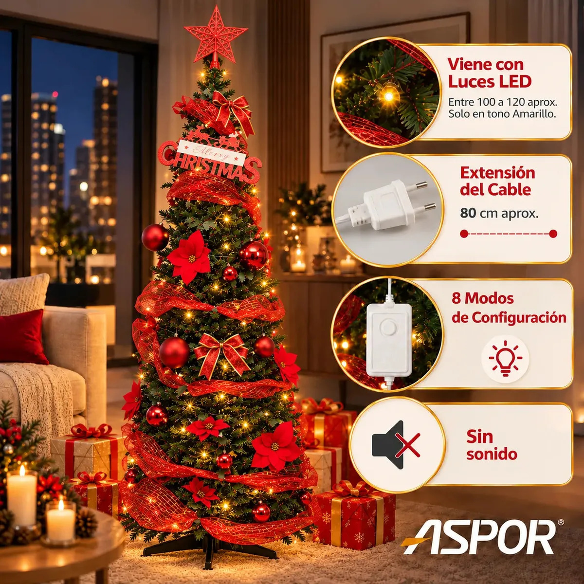Arbol De Navidad Plegable 180cm Armado Facil Navideño Luces Rojo