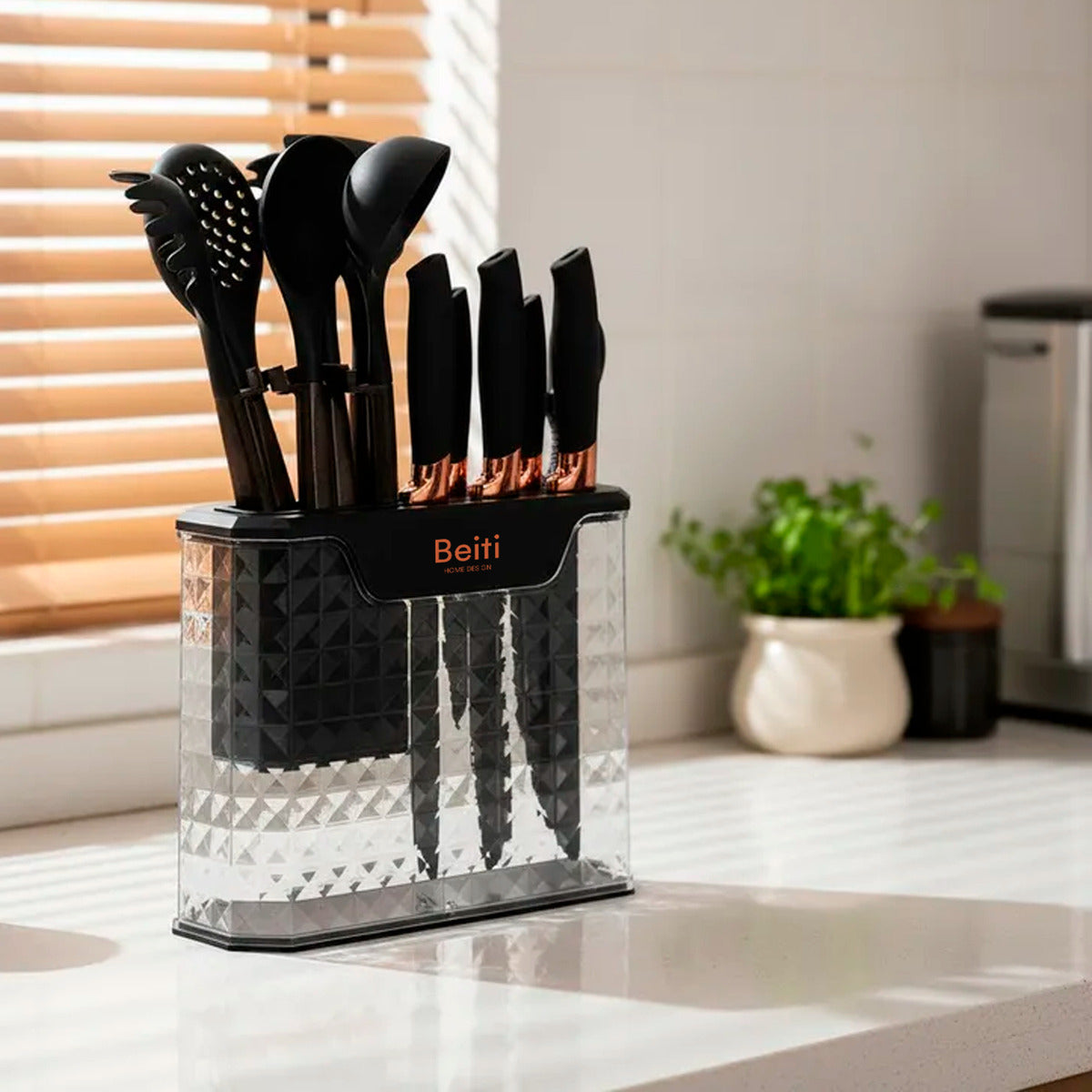 Set 16 Utensilios Cuchillos Cocina Acero Inox Silicona Beiti