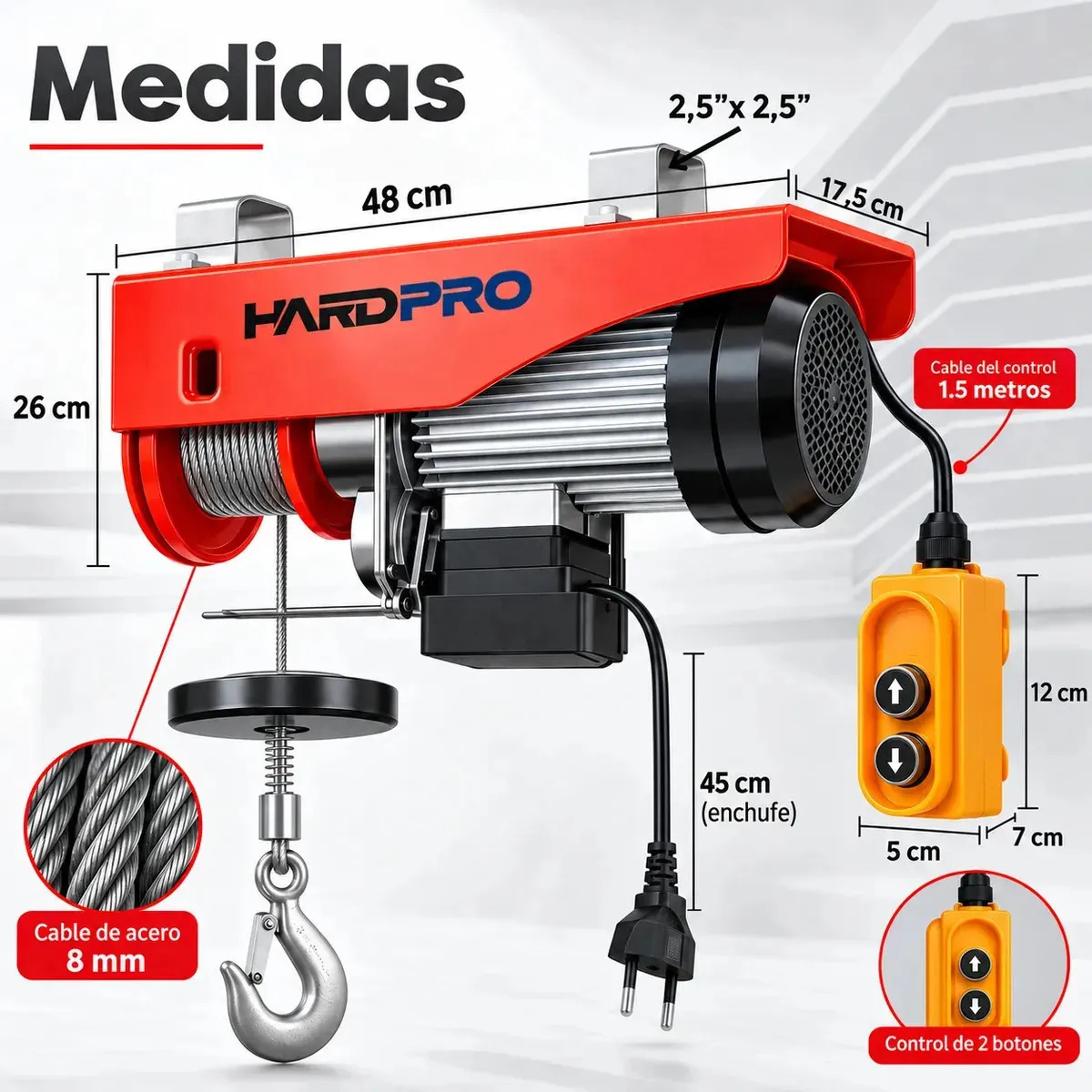 Tecle Electrico De Levante 1200kg De 12 Metros Cable Acero De 1850w Control Remoto