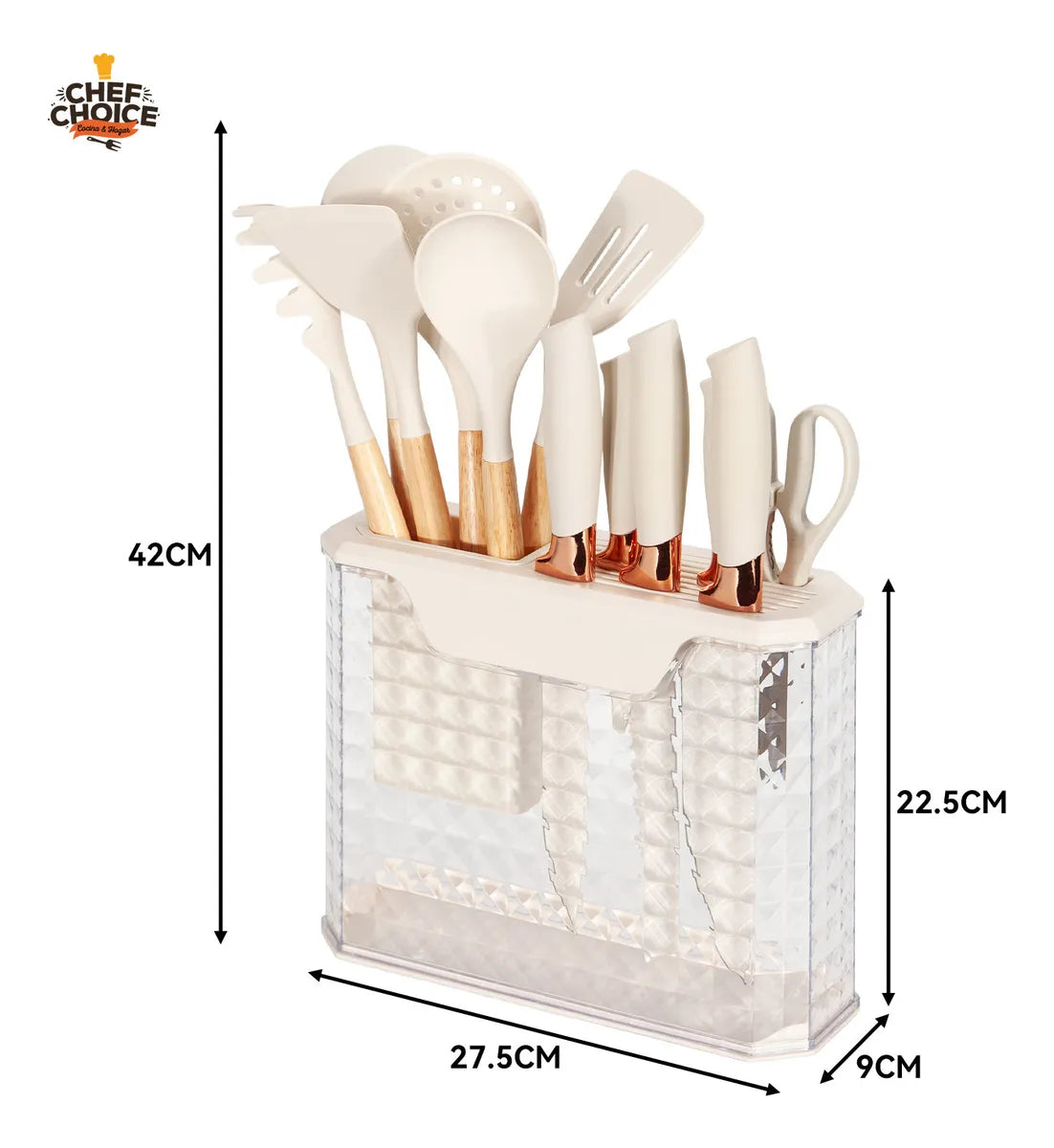 Set 16 Utensilios Cuchillos Cocina Acero Inox Silicona Beiti