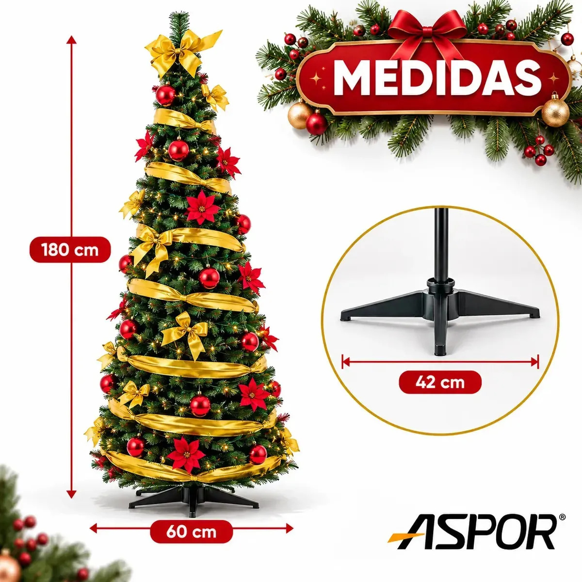 Árbol De Navidad Con Luces Y Adornos 1,8m Con Armado Facil
