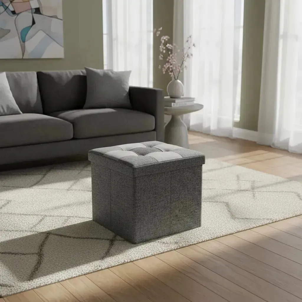 Puff Organizador Baul Plegable Cubo 38x38 Tela Mix Gris