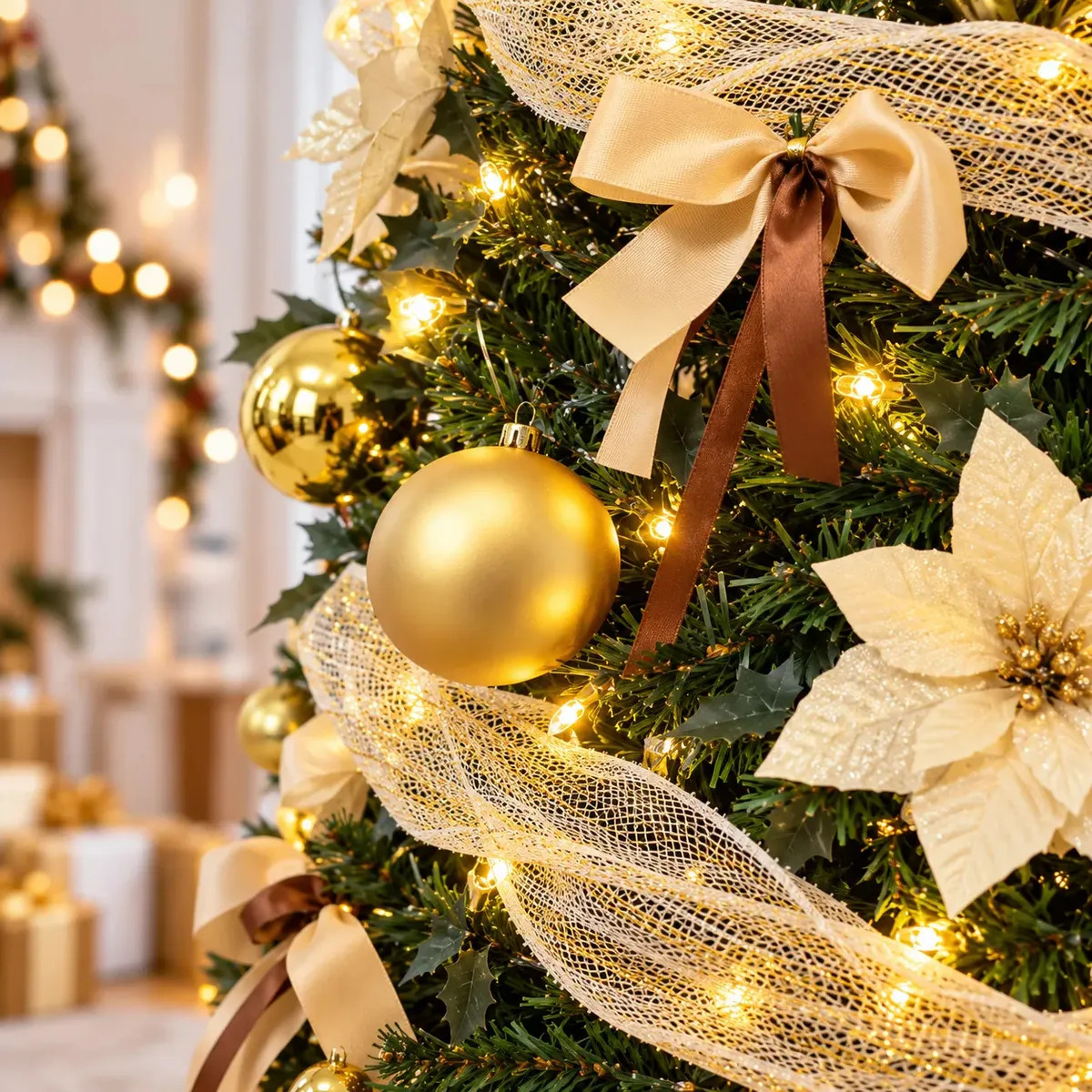 Arbol De Navidad Plegable 180cm Armado Facil Navideño Luces Dorado