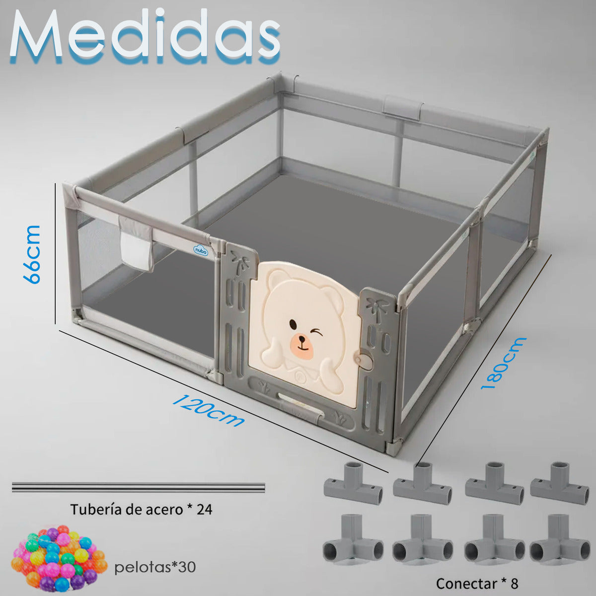 Corral Infantil Nubo Puerta De Oso Y Malla Oxford 120x180cm Gris Osos