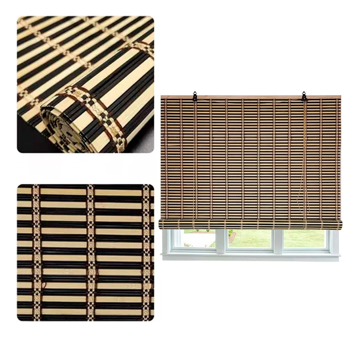 Cortina De Bambú Persiana Roller Bicolor 120x150cm Con Diseños
