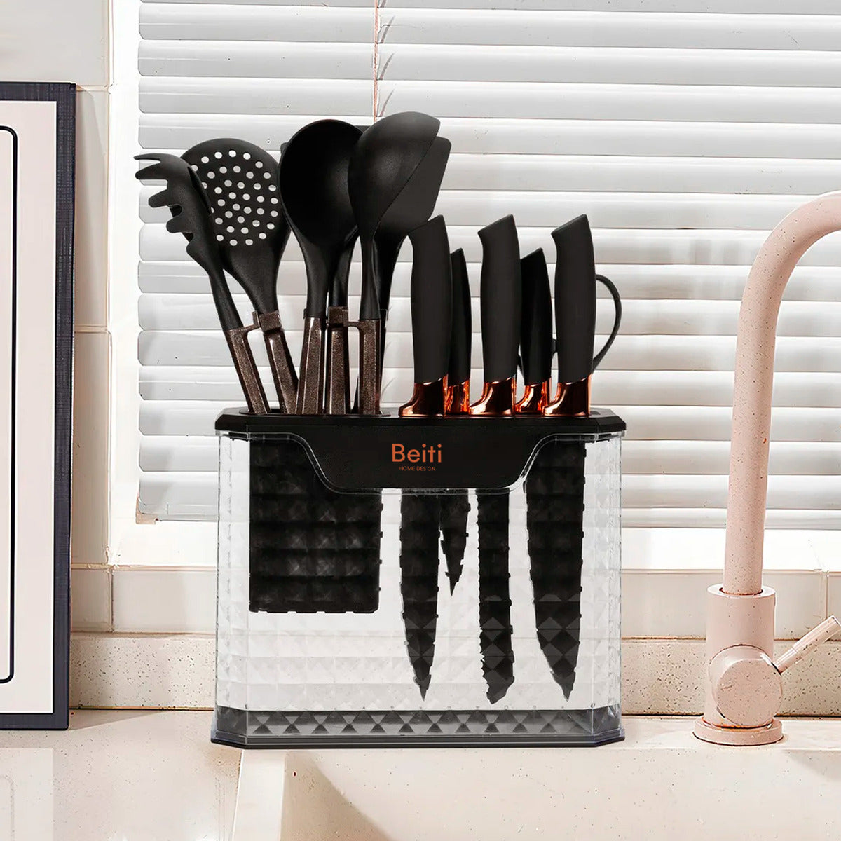 Set 16 Utensilios Cuchillos Cocina Acero Inox Silicona Beiti