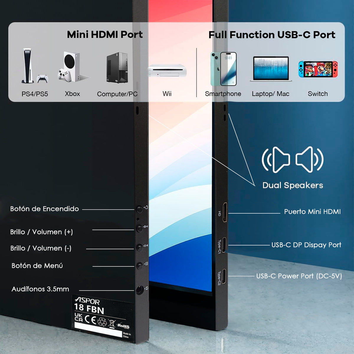 Monitor Portatil 18.5 Pulgadas 120hz Full Hd Con Parlante Y Case Negro