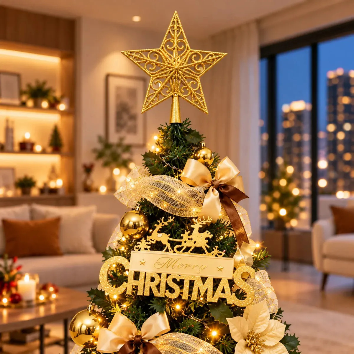 Arbol De Navidad Plegable 180cm Armado Facil Navideño Luces Dorado