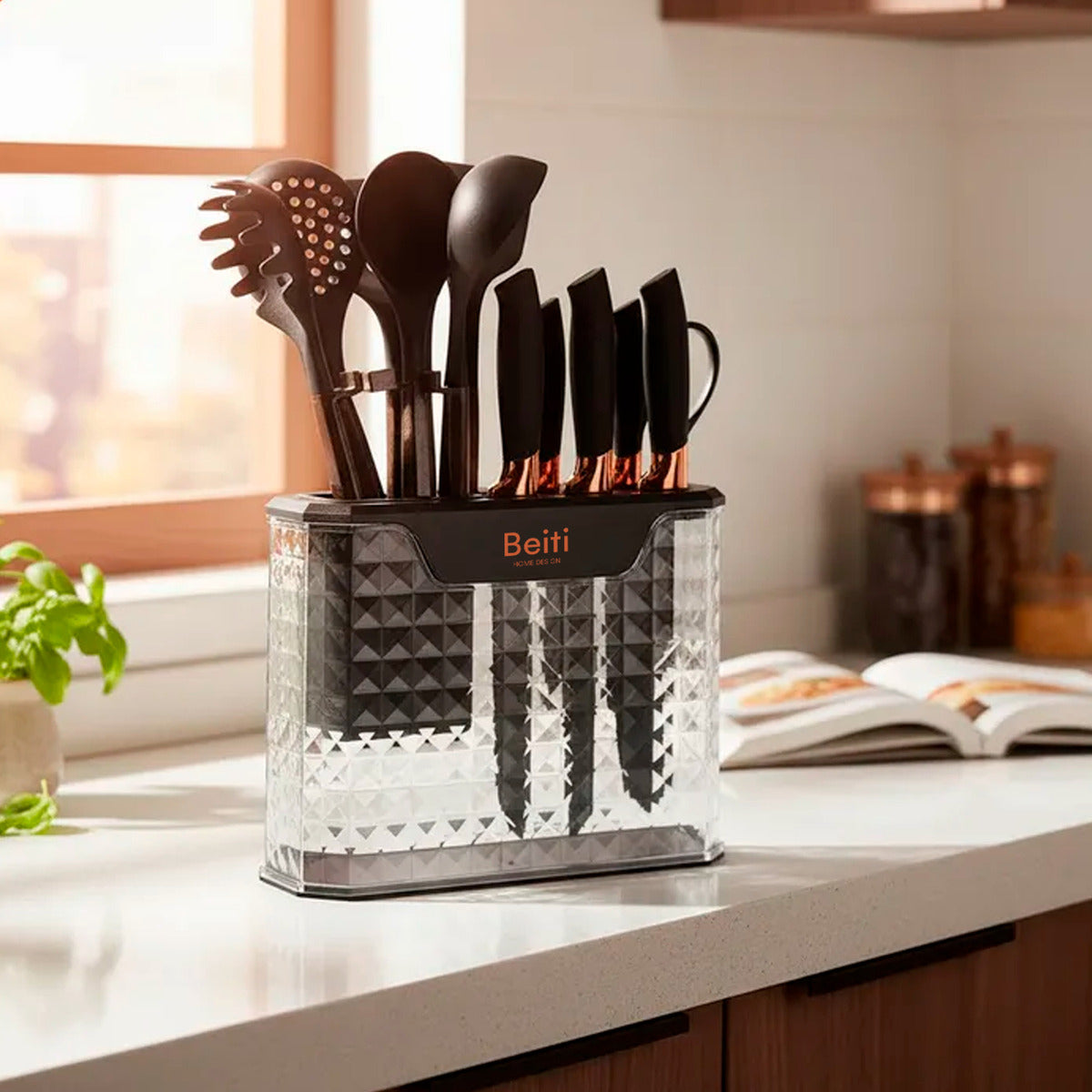 Set 16 Utensilios Cuchillos Cocina Acero Inox Silicona Beiti