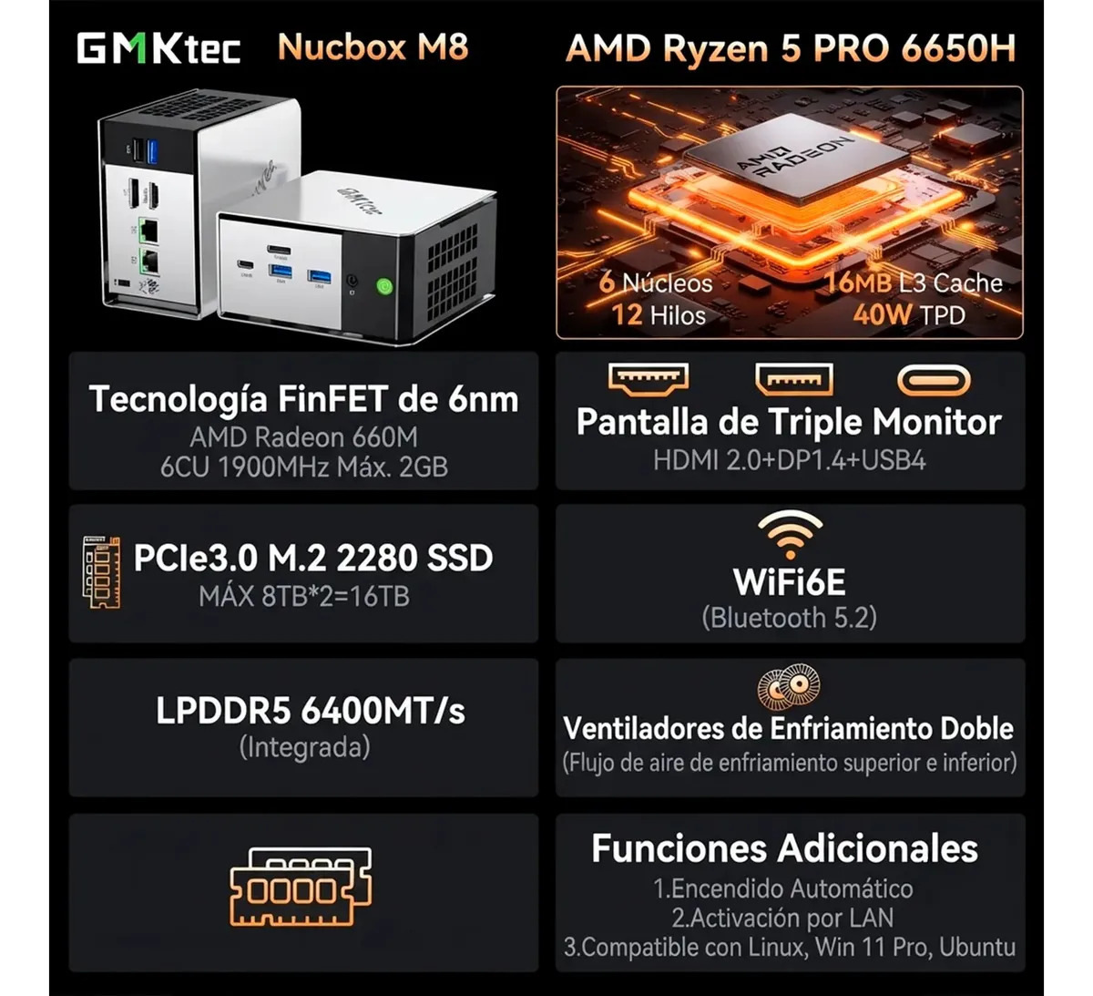 Mini PC GMKtec M8 AMD Ryzen 5 6650H con 16 GB RAM y 1 TB SSD NVMe
