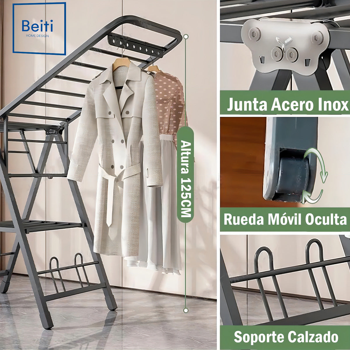 Tendedero Plegable Premium Beiti 170cm Soporta 50kg De Acero Inoxidable Negro