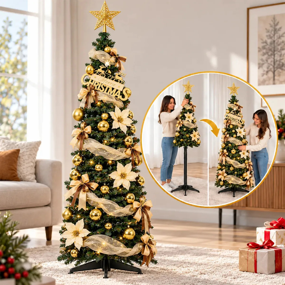 Arbol De Navidad Plegable 180cm Armado Facil Navideño Luces Dorado