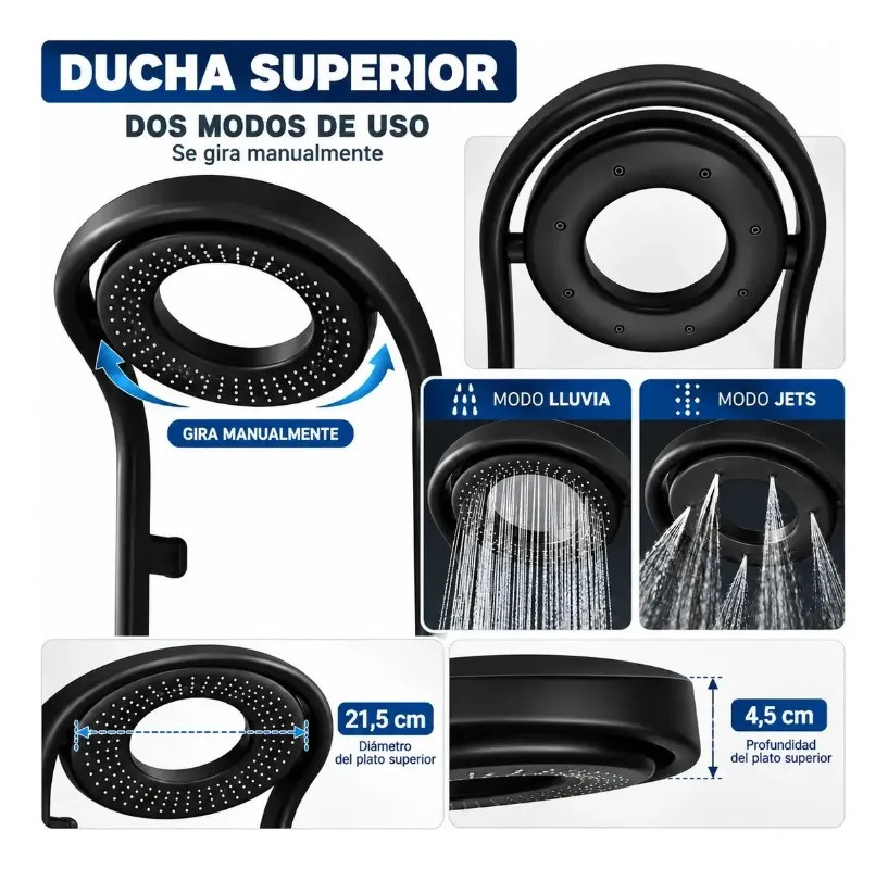 Columna Ducha Premium Circular Negro Con Control T° De Pared Hs195