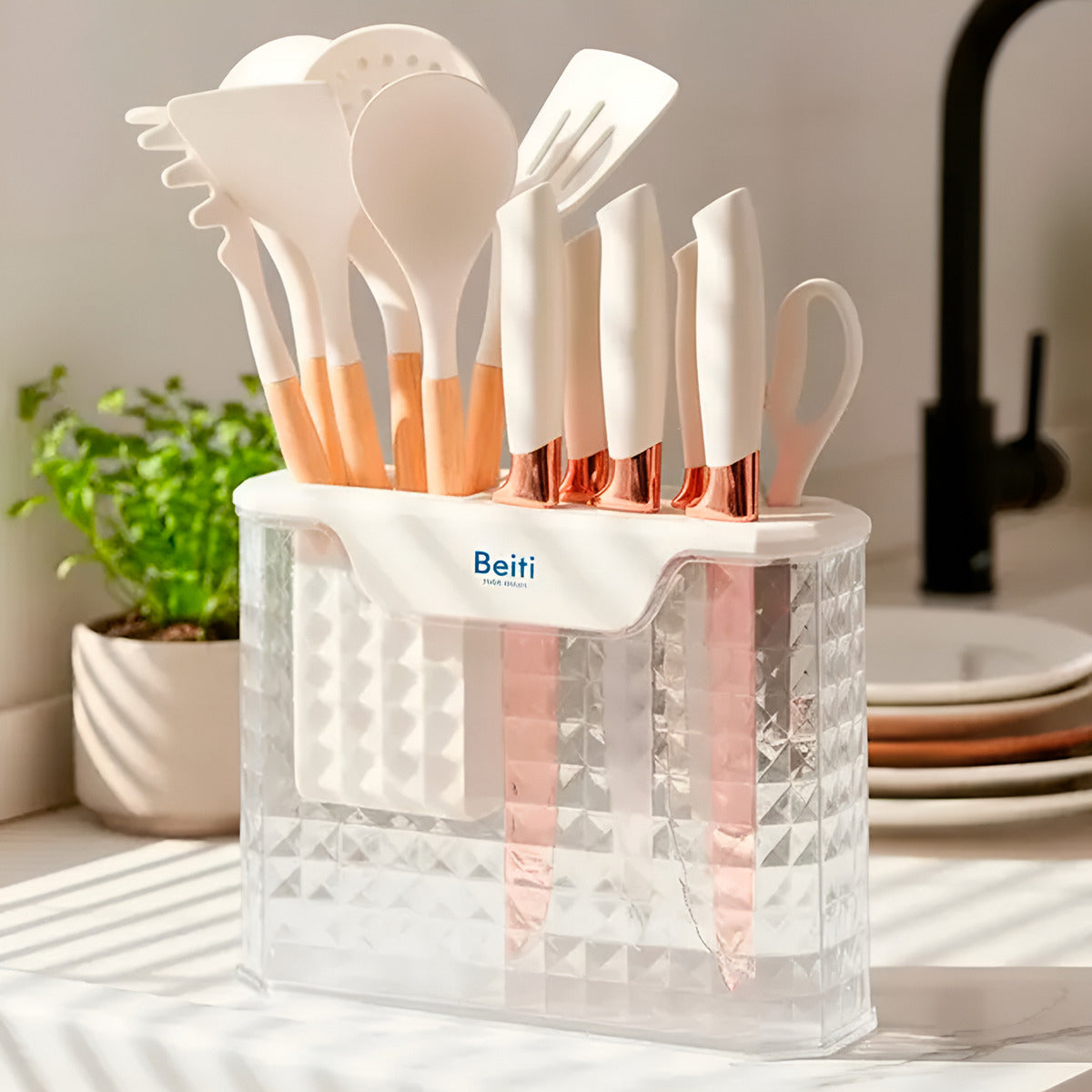 Set 16 Utensilios Cuchillos Cocina Acero Inox Silicona Beiti