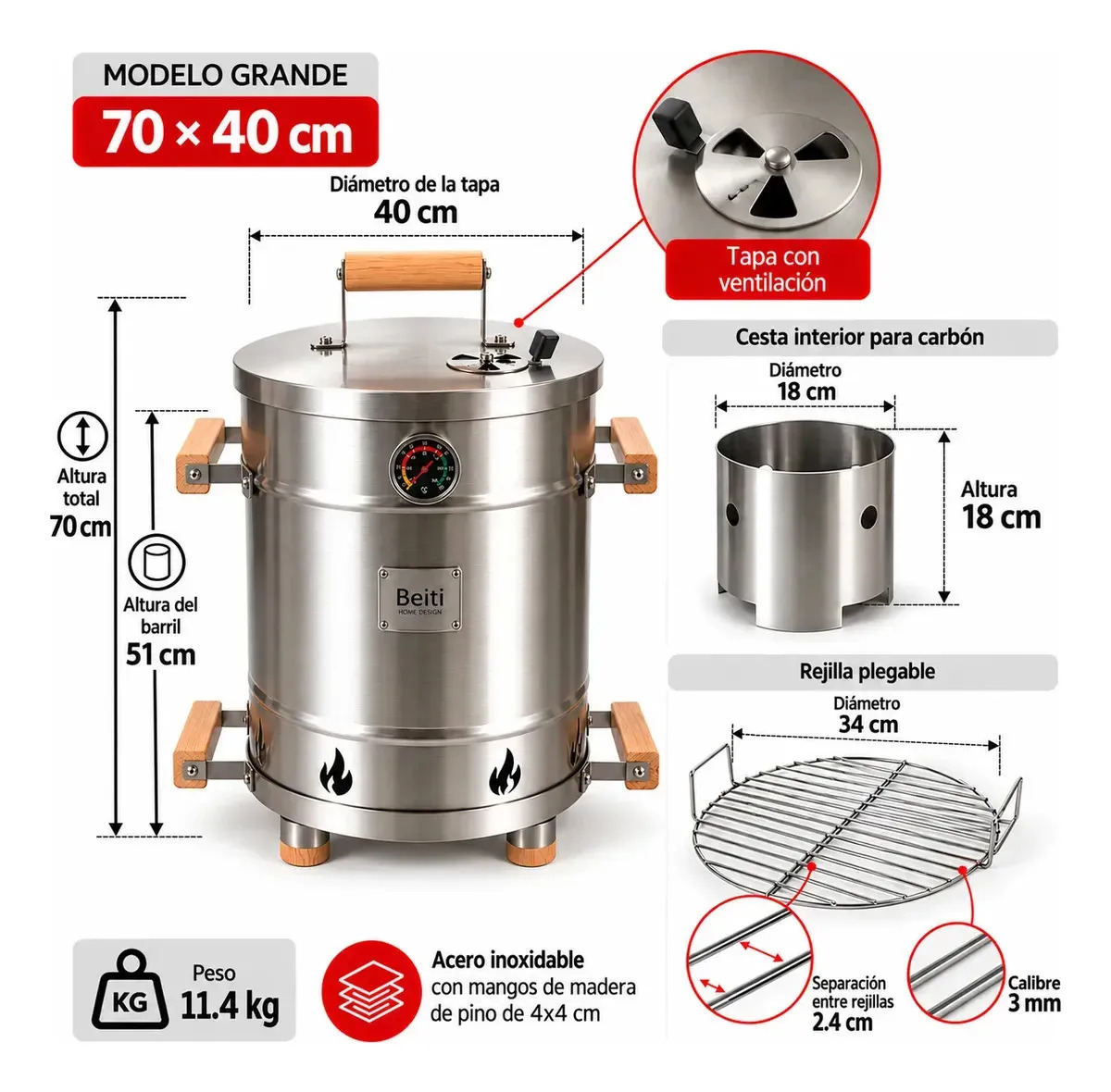 Barril Ahumador Y Asador Portatil Grande Acero Inoxidable