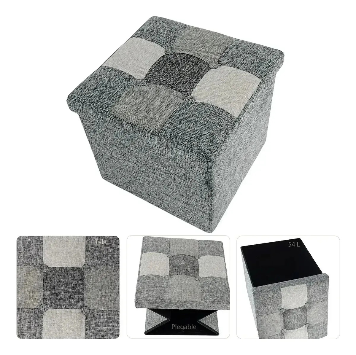Puff Organizador Baul Plegable Cubo 38x38 Tela Mix Gris