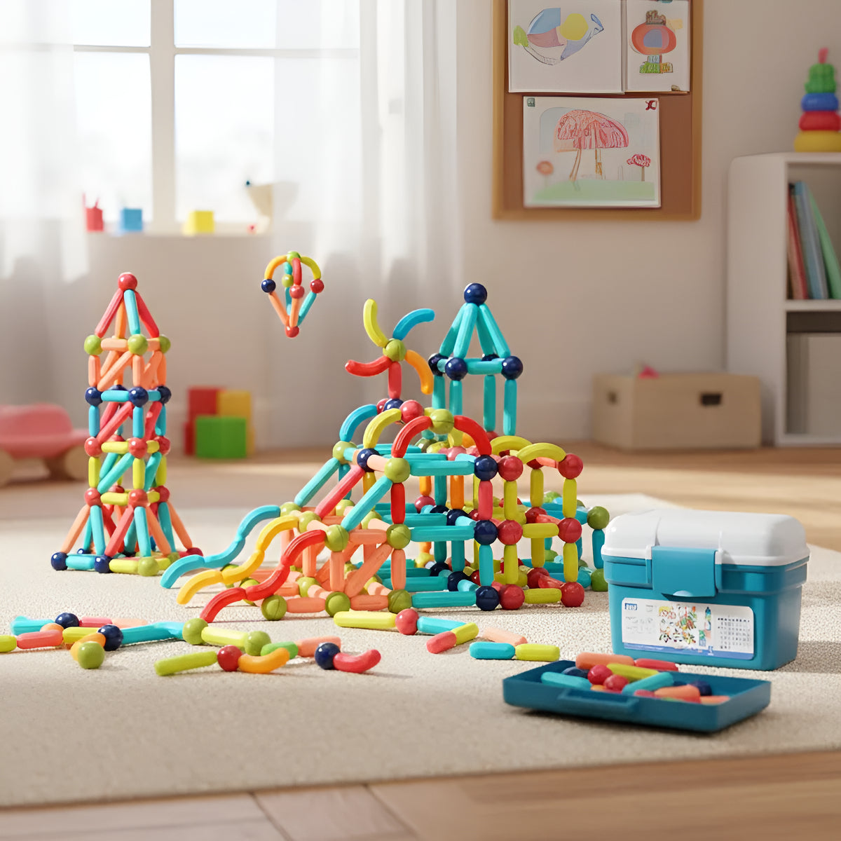 Bloques Magneticos 2 En 1 De Varillas 3d 130pzs Balde