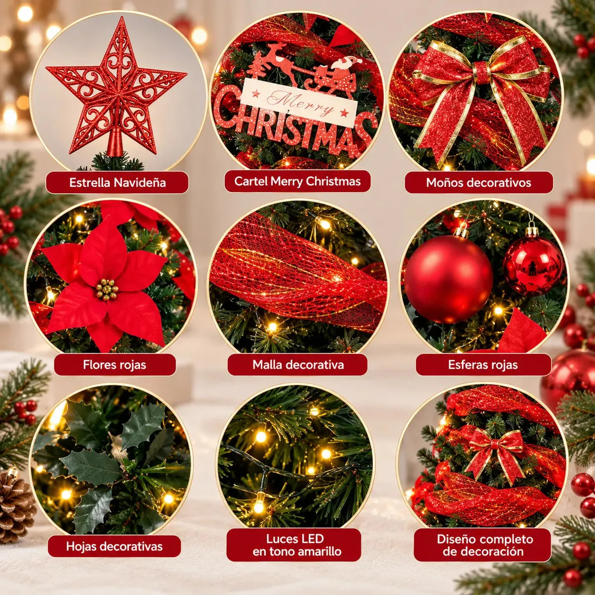 Arbol De Navidad Plegable 180cm Armado Facil Navideño Luces Rojo