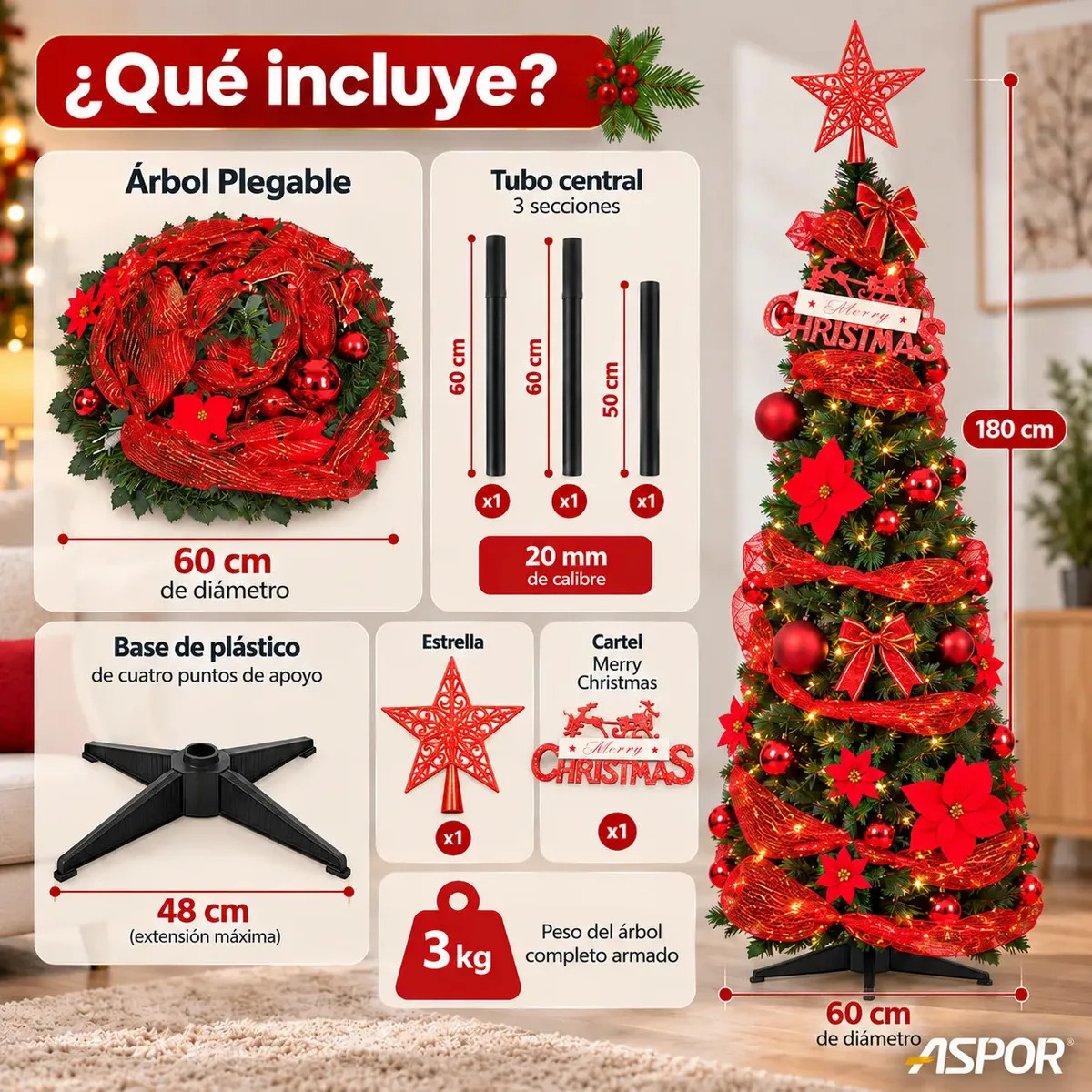 Arbol De Navidad Plegable 180cm Armado Facil Navideño Luces Rojo